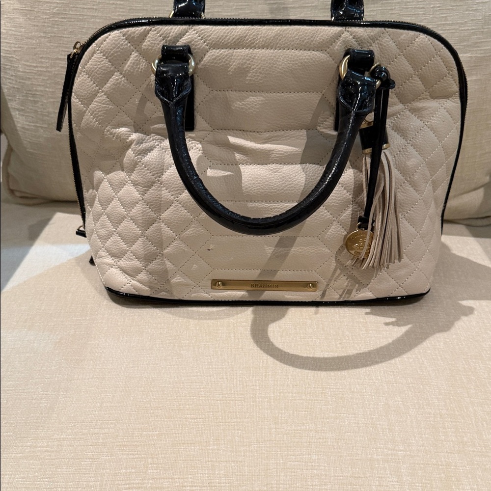 Brahmin Cream Quilted Satchel with Black Handles and Tassel